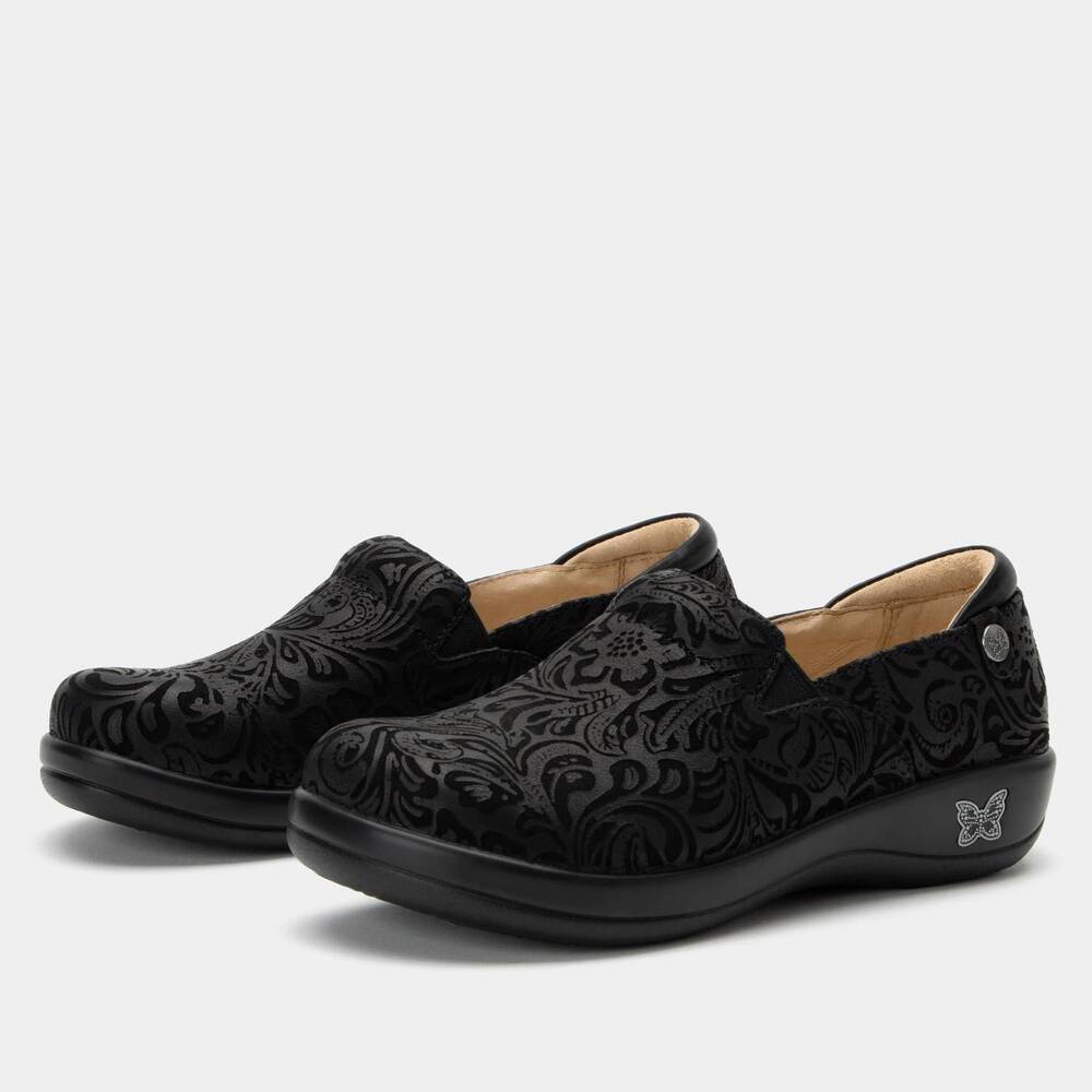 NEW ALEGRIA women's keli loafer shoes in black embossed paisley